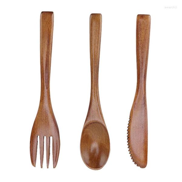 Set di stoviglie 3 pezzi Coltello in legno Forchetta Cucchiaio Set riutilizzabile Manico dritto Phoebe Kit di utensili per la cena per uso domestico