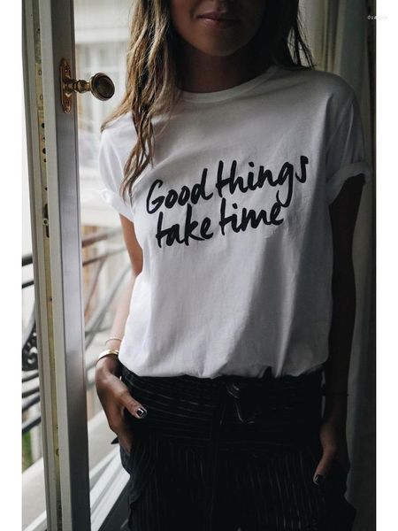 Camisetas femininas coisas boas demoram tempo inspirador tee de verão moda moda tumblr Gurnge White T-shirt roupas casuais