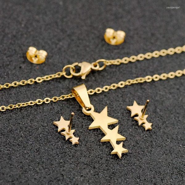 Brincos de colar Definir cor de ouro simples de três estrelas em aço inoxidável mulheres femme pentagrama jóias diárias Acessórias de colares