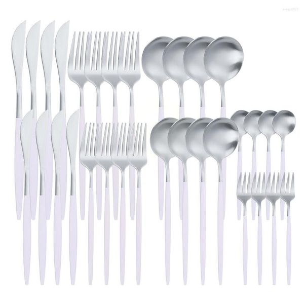 Conjuntos de utensílios de jantar 32pcs White Silver Stainless Aço Setlery Conjunto de Facas Ocidentais Forks Spuons