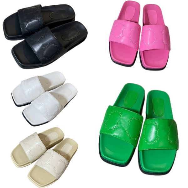 Sommer-Hausschuhe, Designer-Strandschuhe, solide Sandalen, Damen und Herren, Leder, Badezimmerschuhe, quadratische Zehen, Nähgarn, rutschfeste Innenschuhe, flache, bequeme Plateauschuhe