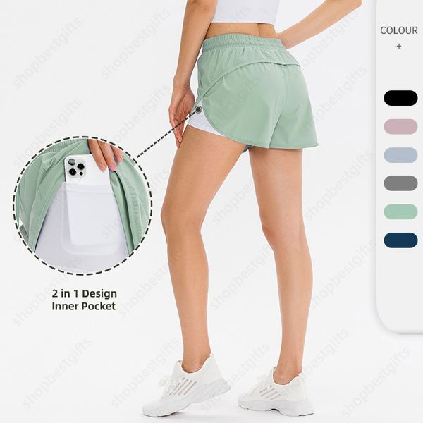 2 em 1 Women Shorts Design clássico esportes de calças secas rápidas Treino ao ar livre Tranning Running Yoga Gym Pant Size S-2xl para senhoras