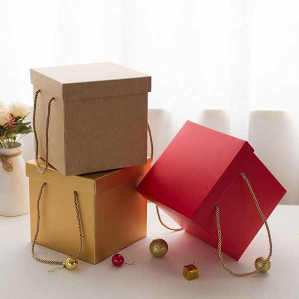 Pedra de papel quadrado Kraft Paper Red Bags com alça a caixa de compras multifuncionais Caixa de embalagem