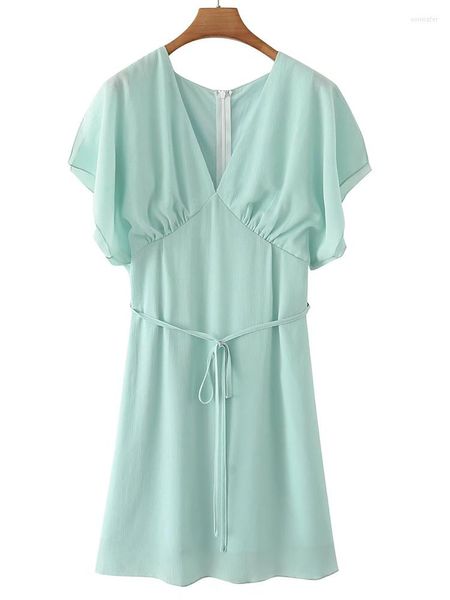 Повседневные платья yenkye 2023 Мода Женщины Мя: Зеленое летнее платье Винтажное высокое талия с коротким рукавом мини -васидо