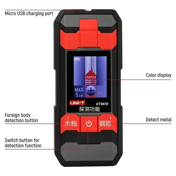 UNI-T UT387D Detector de metais Detector de fiação Detector de parede Cabo profissional LCD LCD AC Tensão de cobre Detectar scanners de parede