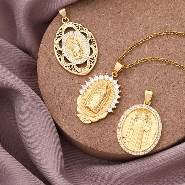 Anhänger Halsketten Klassische Jungfrau Maria Kubische Zirkon Halskette Für Frauen Edelstahl Kette Mode Religion Schmuck Weihnachten GeschenkAnhänger