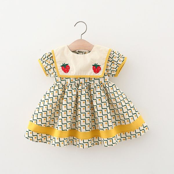 Mädchen Kleider Sommer Baby Mädchen Kurzarm Erdbeere Revers Kragen Plaid Print Prinzessin Party Plissee Kinder Kinder Kleid Vestidos 230327