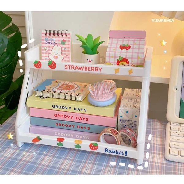 Caixas de armazenamento Bins Desktop Storage Rack de camada dupla Cosmetics Jewelry Rack Student Stationery Organizer rack pp dobramento de cozinha rack kawai p230324