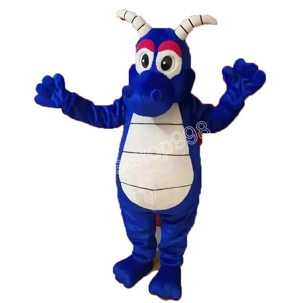 Novo trajes de mascote de dragão azul de Natal, vestido de festa de festa de desenho animado de caráter de caráter de roupa adultos tamanho de carnaval de páscoa publicidade