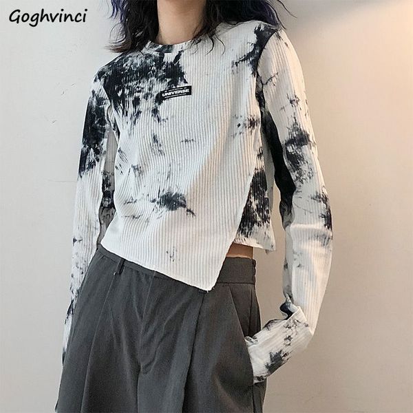 Womens TShirt Harajuku Tiedye Magliette a maniche lunghe Donna Slim Disegni asimmetrici High Street Vintage Crop Top Accoglienti pantaloni a vita bassa stile coreano 230327