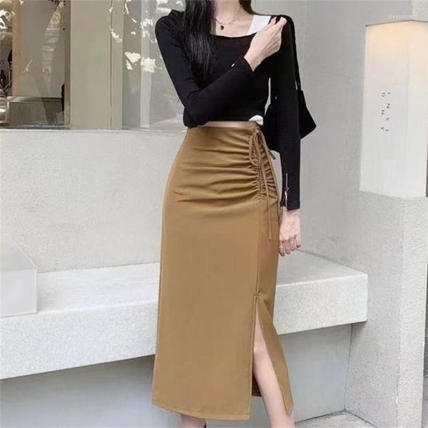 Etekler bodycon kadın moda harajuku dantel up bölünmüş yaz uzun etek zarif bayan kıyafetler y2k intage düz kalem p340