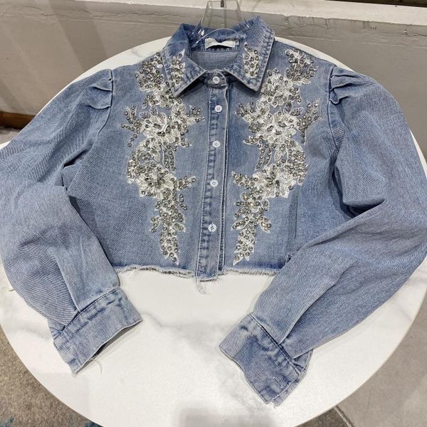 Kadın Ceketler Kadın Denim Ceket 2023 Sonbahar Kısa Rhinestone Tırnak Boncuk Çiçeği Küçük Koku Tasarımı Jean Coatwomens