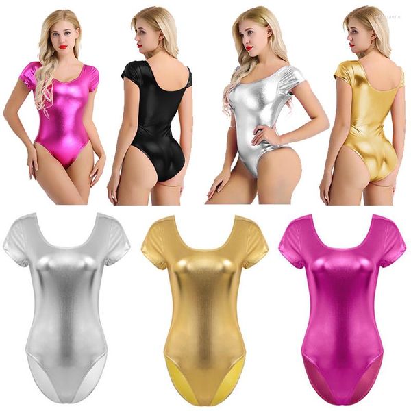 Stage Wear Sexy Femmes Brillant En Cuir Verni Justaucorps Body Une Pièce À Manches Courtes Combinaison Adulte Gymnastique Pole Dance Club Costume De Fête