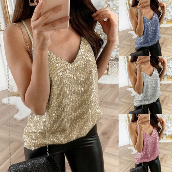 Camisoles Tanks Silver Sever Sequine Top Женщины Summer Sexy Backless V-образная вечеринка Camisole Casual Slim Ultra Spaghetti Bess 230327