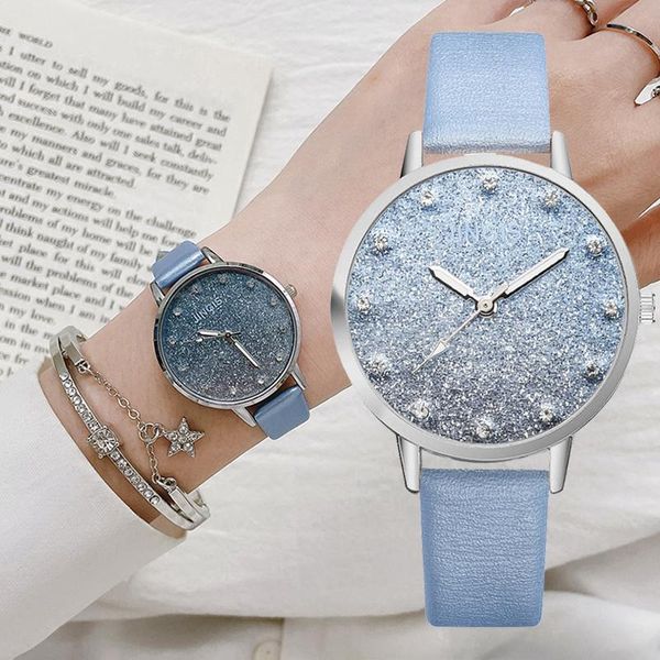 Principais relógios de pulso elegantes mulheres românticas Starry Sky Wrist Watch Bracelet Leather Rhinestone Designer Ladies Relógio Simples Gitf Montre Femme