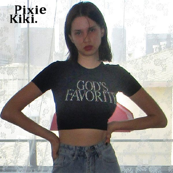 Женская футболка Pixiekiki Letter Crop Tops Black y2k Streetwear Сексуальные с коротким рукавом для женщин для женщин малышка 90S P71-BZ11 230325