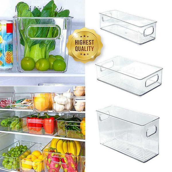 Caixas de armazenamento BINS 1/2PCS Organizador de geladeira Bin Bin Flidable Gridge Alimentos Caixa de armazenamento com alça Clear Pantry Pantry Food Freezer Ferramenta P230324