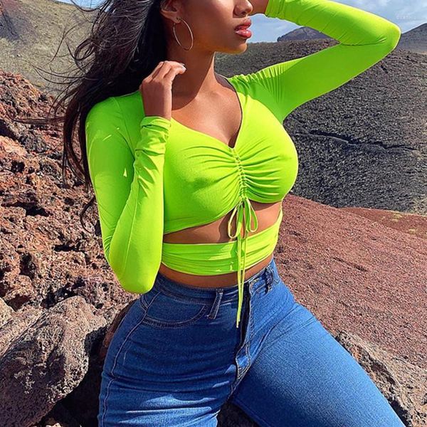 T-shirt da donna BKLD 2023 Moda estiva Neon Color scollo a V maglietta corta e sottile da donna sexy scava fuori manica lunga Crop Top Tees coulisse