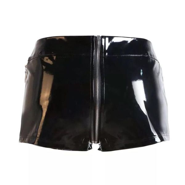 Tute da donna Pagliaccetti Pantaloncini da donna di alta qualità Pantaloncini in pelle nera lucida con cerniera sul cavallo anteriore Pantaloni da discoteca sexy M7275Donna