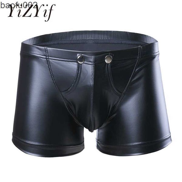 Shorts masculinos sexy lingerie lingerie shorts de couro curta de cueca de roupas íntimas com bolsa bulge hombre de roupas de noite clubes de roupas de noite w0327