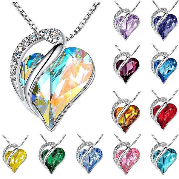 12 colori collana di pietra natale a forma di cuore Ciondolo Diamanti colorati Collane gembo di gemma Accessori di moda da donna