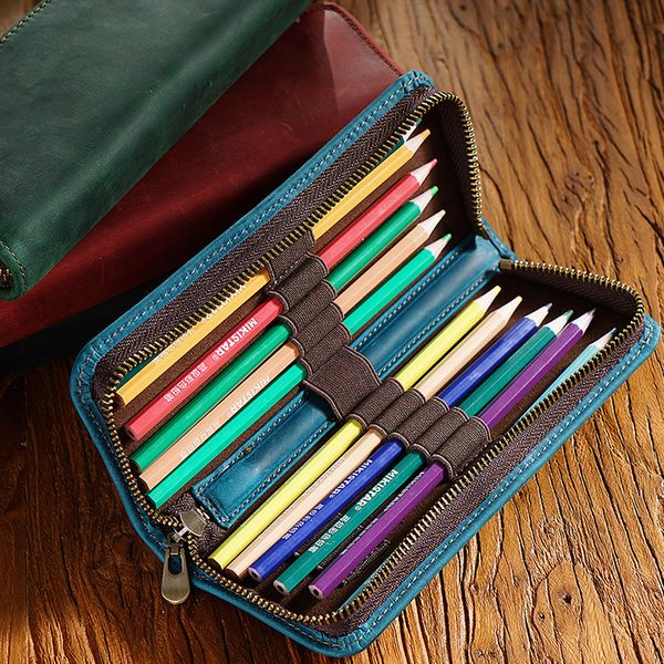 Bolsas de couro caneta de couro zíper bolsa de caneta retro para meninos escolares estudantes bolsa de lápis de couro com vários slots de caneta por atacado 230327