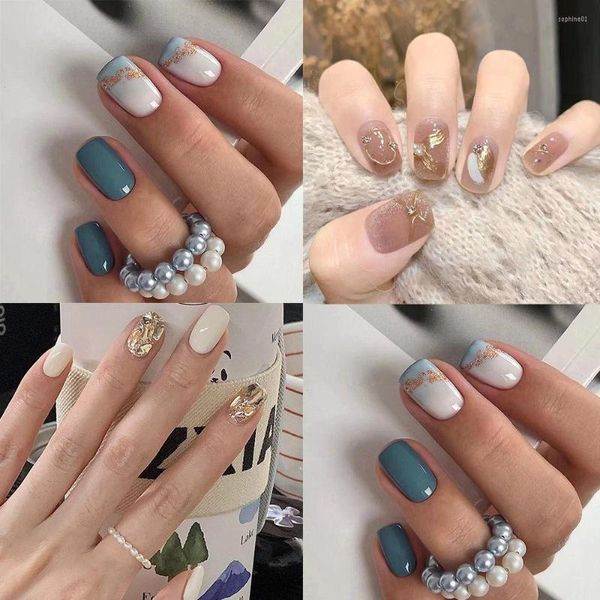 Unghie Finte 24 Pezzi Manicure Finte Nials Stampa Bianco Latte Su Breve Quadrato Blu Champagne Francese