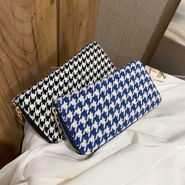 Carteiras Europa e Estados Unidos Houndstooth Women Wallet Têxtil Pano com zíper longa carteira Cartão de carteira Dinheiro da embreagem feminina G230327