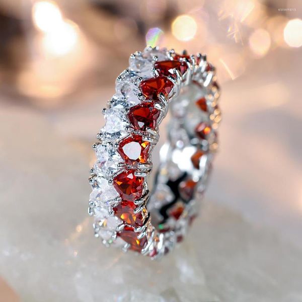 Обручальные кольца с двумя рядами Bicolor Red White Zircon Love Heart для женщин серебряный цвет