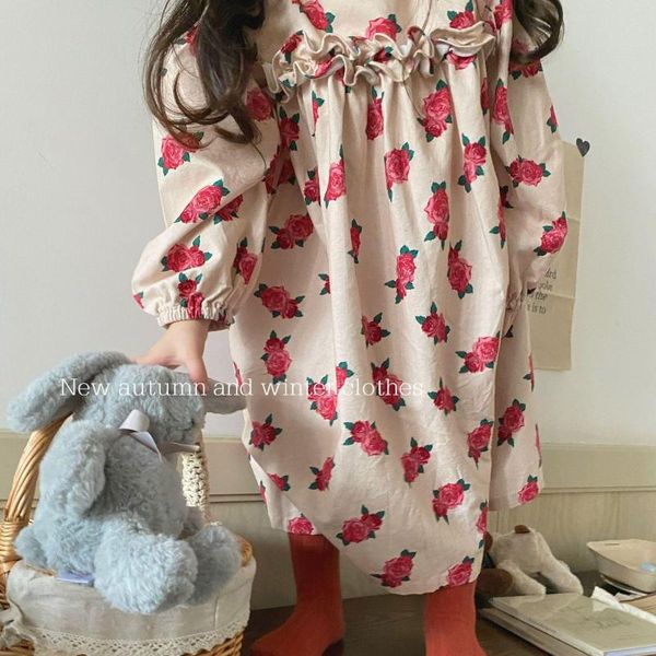 Kız Elbiseler Romantik Güller Desen Toddler Kızlar Çocuklar İçin Sonbahar Bluz Elbisesi Moda Korean Casaul Gevşek Giysiler