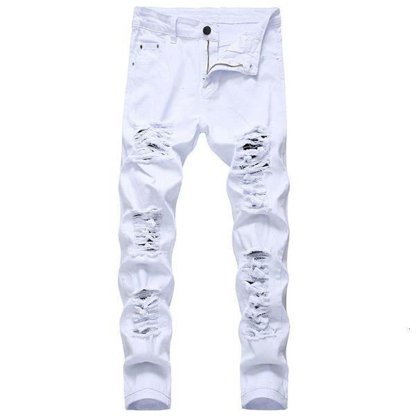 Jeans da uomo Pantaloni in denim skinny strappati hip-hop di moda bianca Pantaloni in denim con zip strappati elasticizzati slim fit di alta qualità 230327