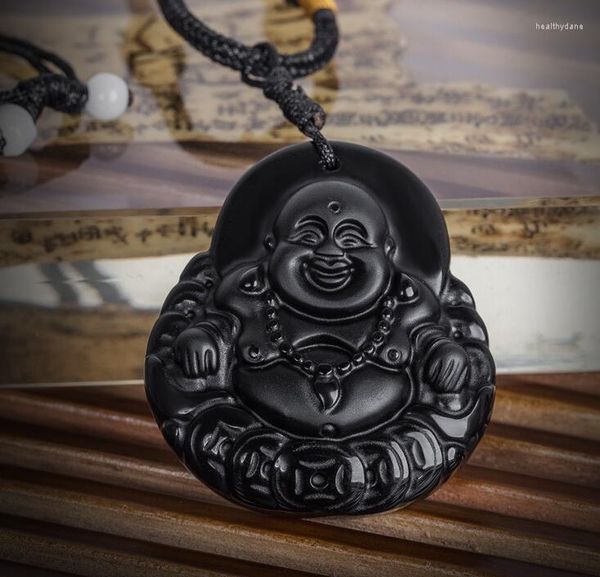 Anhänger Halsketten Hochwertige Einzigartige Natürliche Schwarze Obsidian Geschnitzte Buddha Glück Amulett Halskette Für Frauen Männer Anhänger Feine Jad E Schmuck