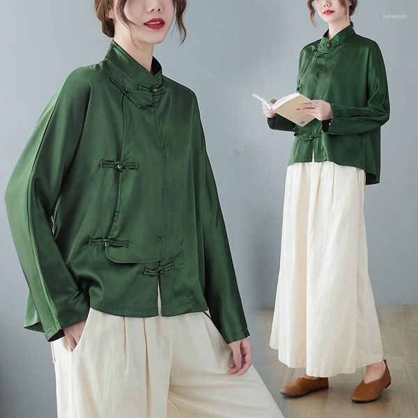Kadınlar bluzlar 2023 Çin etnik tarzı gömlek koyu yeşil kadınlar cheongsam Top Tang Suit Vintage femme geleneksel Çin bluz