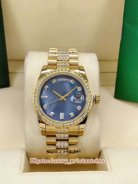 Mode Unisex Damenuhren Armbanduhren 36mm 128348RBR 128348 Gelbgold Blau Perlmuttzifferblatt Diamant 2813 Uhrwerk Automatische mechanische Herren-Damenuhr