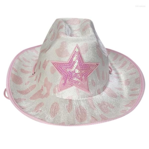 Baskenmütze, rosa Kuh-Print, Cowboyhut für Mädchen mit Pailletten, Sterndekorationen, Rave-Cowgirl-Geburtstagsparty-Kostüm-Zubehör