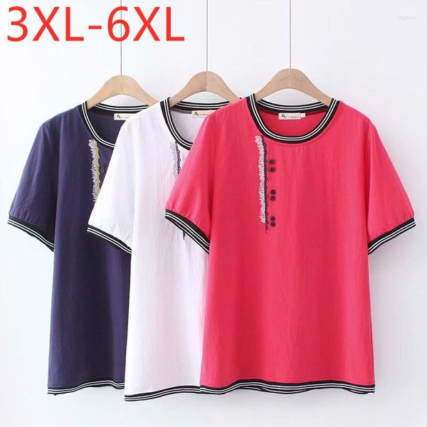 Damenblusen 2023 Damen Sommer Plus Size Tops für Frauen Große Bluse Kurzarm Leinen Rot Weiß Blau Stickerei Hemd 3XL 4XL 5XL 6XL