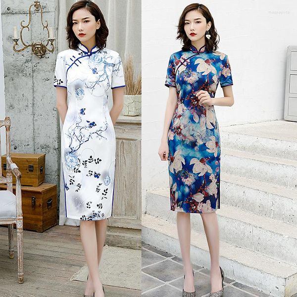 Roupas étnicas fzslcyiyi verão slim rayon flor estampa mulher cetim Cheongsam vestido de noiva elegante dividido tradicional chinês qipao vestido