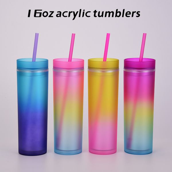 Atacado 16 onças acrílico skinny tumblers gradiente cor arco -íris copos acrílicos com tampas e palhas 2 copos de plástico camadas com palha Z11