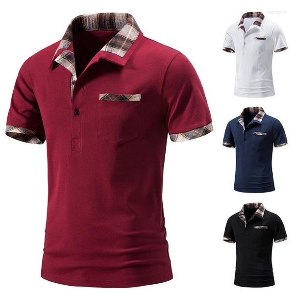 Erkekler ABD Beden Erkekler Kısa Kollu Polo Gömlek 2023 Yaz Günlük Moda Adam Ekose Pathwork İnce T-Shirt Beyaz Siyah Kırmızı
