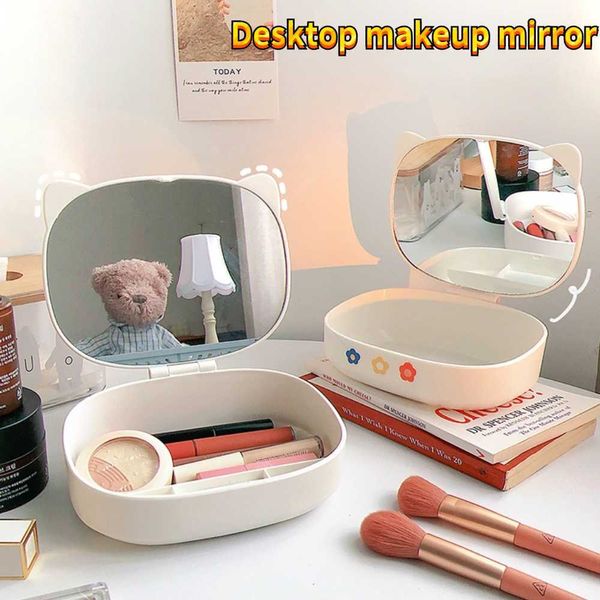 Caixas de armazenamento Bins INS Desktop espelho de maquiagem dobrável com caixa de armazenamento Organizador de gato Ear Storage Vanity Mirror Home Home Princesa Cute Mirror Kawaii 2022 P230324