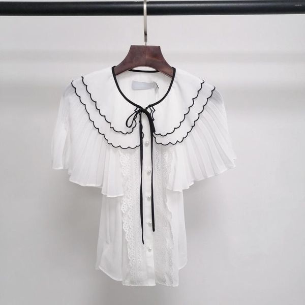 Blouses femininas Primavera / verão 2023 Camisa Lace Up CROCHET CORTO DE MANAGEM CURTO MANAGEM DE MANAGEME