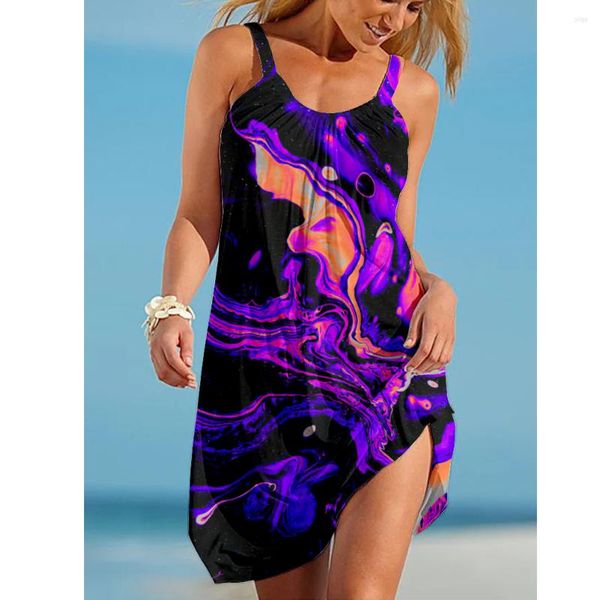 Lässige Kleider 2023 Animal Claw Painted Color Bedruckter Rock Damen Wide Brimmed Suspender Beachwear Resort Style Lose Elegantes Kleid