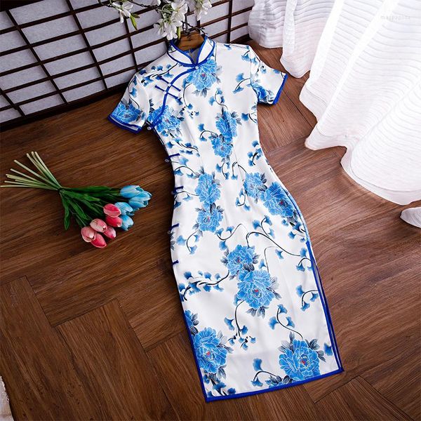 Этническая одежда fzslcyiyi китайское платье Satin Vintage Women Oriental Print Cheongsam Modern Qipao Женская элегантная повседневная нега