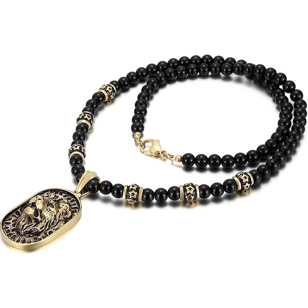 Hiphop Gold Black Lion Head Collana con ciondolo Uomo Donna Perline Catena Acciaio inossidabile Rapper Gioielli Uomo Bijoux Fornitori