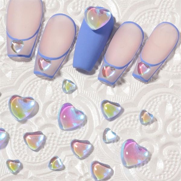 Decorações de arte da unha 20pcs/caixa azul/verde/rosa/branco opala 3d unhas de cristal stromestone forma de coração decoração de vidro plana de vidro