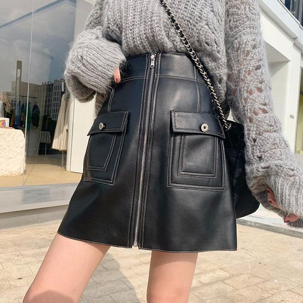 Юбки подлинная кожаная сексуальная мини-юбка женщин 2023 весенний карман южнокорейский