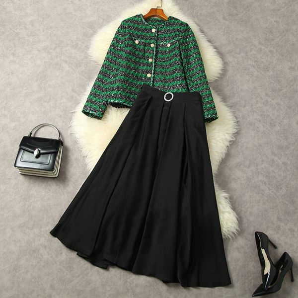 Vestido de duas peças verde de primavera Conjuntos de vestidos de manga comprida Tweed Tweed Casaco de peito único preto Cantura alta Salia Mid-Calfe Conjunto L2O262136