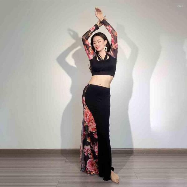 Stage Wear Costumi di danza del ventre Top nero Gonna lunga Imposta maniche Abito arabo Lezione di pratica di danza del ventre orientale 2023