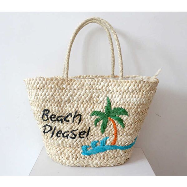 Пляжные сумки 2023 Новое кокосовое дерево солома солома для моды простые женщины с ручной песочной кукурузной мех 230327