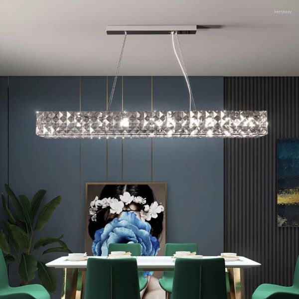 Lampadari Lampade a sospensione Lampada a LED Sala da pranzo moderna di lusso Rettangolo in acciaio cromato Cristallo Dimmerabile Luce decorativa